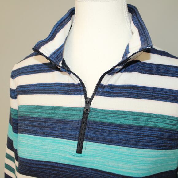 Talbots Petite Large Quarter Zip Stripe Teal Navy White LS Terry Top Side Vents - Picture 3 of 7
